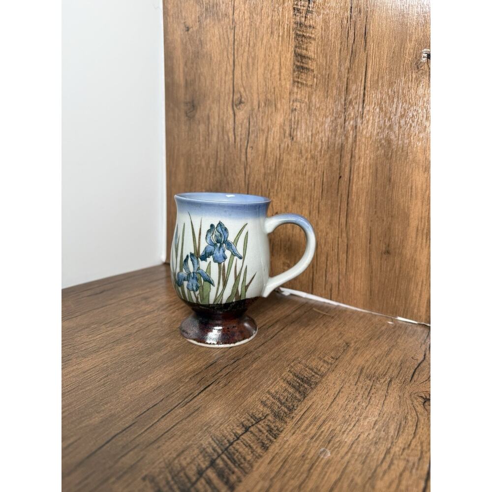 Vintage Otagiri Style BLUE IRIS FLOWERS Coffee Tea Pedestal Cup Mug - Japan